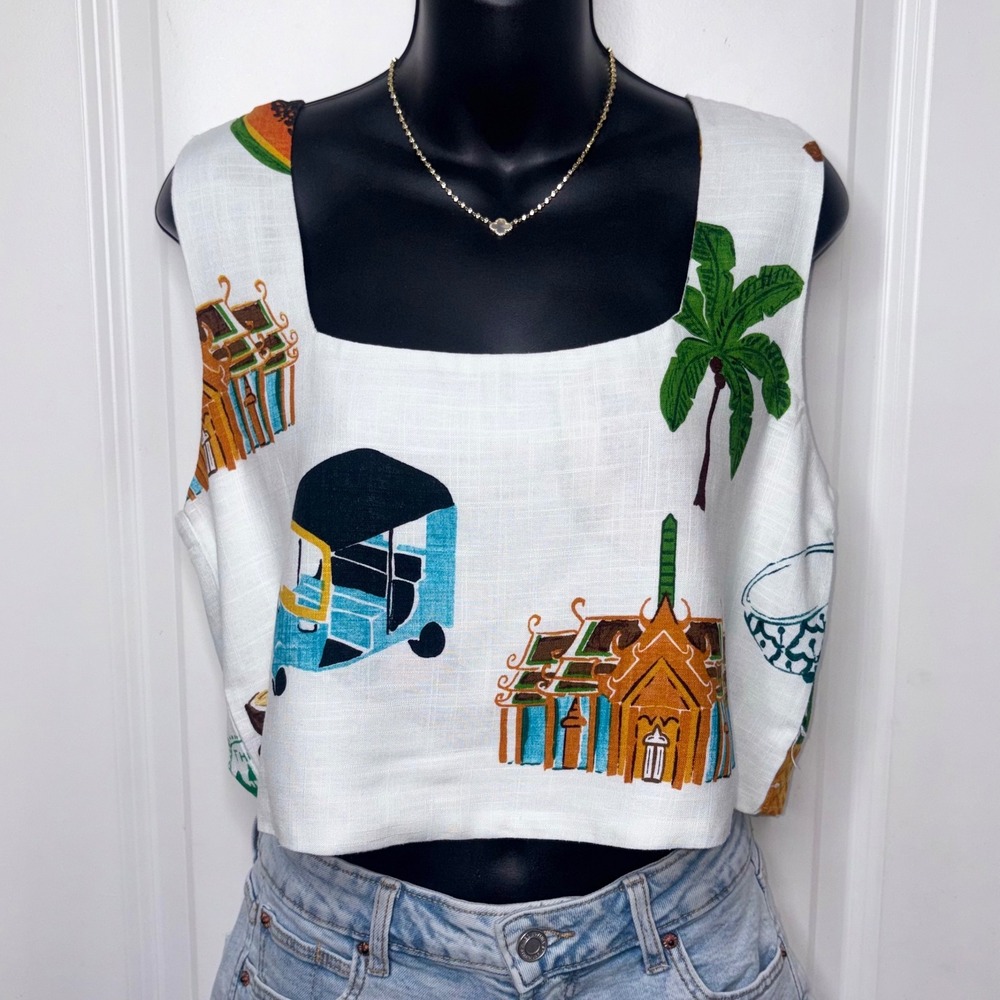 NEW Paper Heart Crop Top XL Australia Thailand Novelty Print Linen Blend NWT